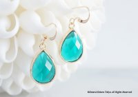 【14KGF】Earrings,Teardrop Glass-Emerald-